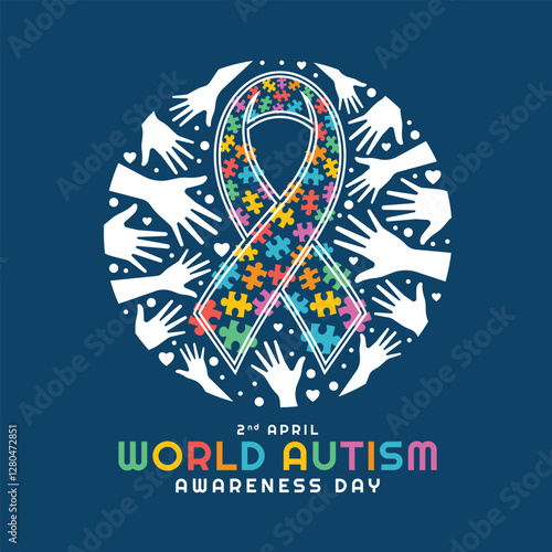 World Autism Awareness Day - Ribbon awareness sign with colorful puzzle jigsaw pieces in circle shape with white hands around on dark blue background vector design