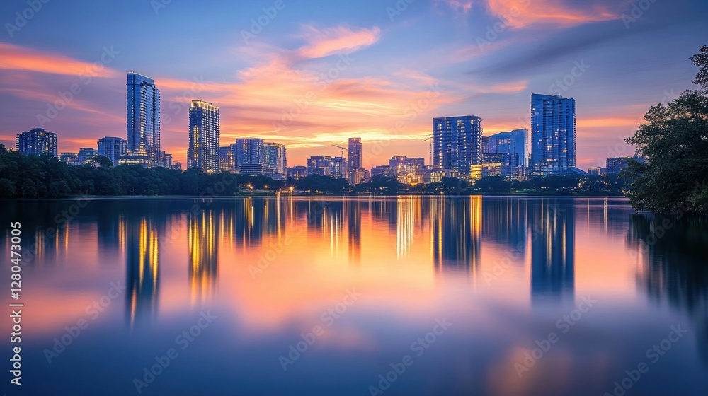A panoramic city skyline with a calm lake reflecting the modern architecture. A panoramic city skyline with a calm lake reflecting the modern architecture.