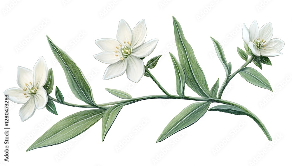 Obraz premium Delicate white flowers on branch, botanical illustration