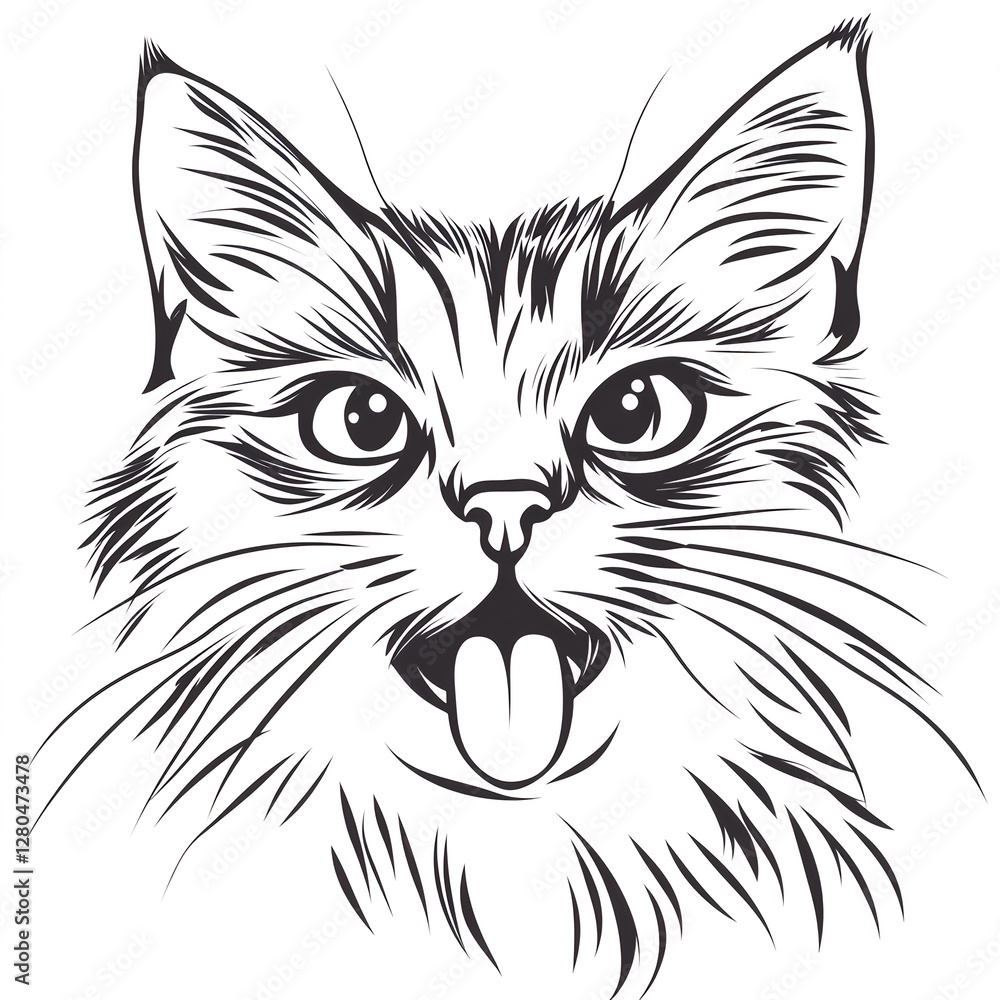 A mischievous kitten's playful face, tongue out, in a captivating line art style. A mischievous kitten's playful face, tongue out, in a captivating line art style.