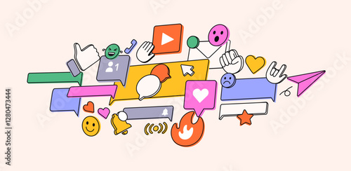 Composition of social media, network elements. Speech bubbles, comments, likes, reactions in text boxes in chat. Online communication, conversation in the Internet concept. Flat vector illustration