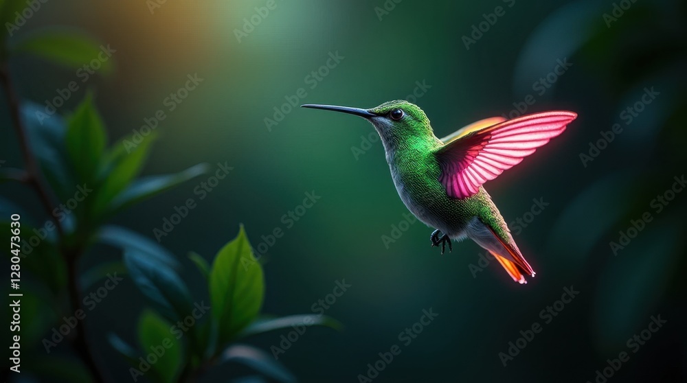 Fototapeta premium Glowing Neon Hummingbird Wings in Green and Pink