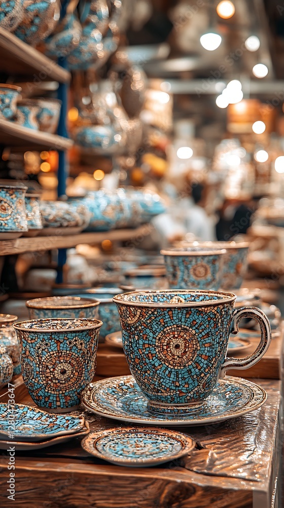 Market display of ornate teacups, bazaar Market display of ornate teacups, bazaar