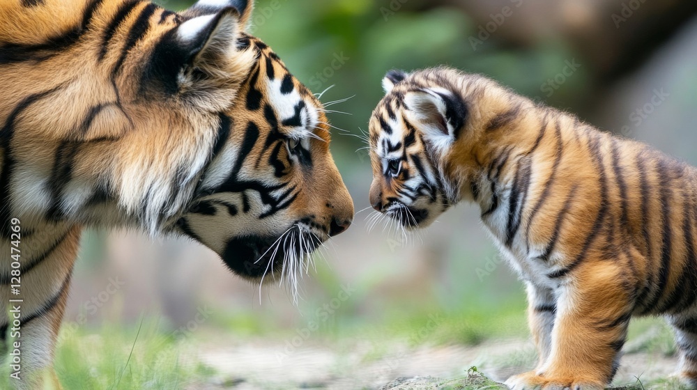 Obraz premium Closeup of a Tiger and Her Cub in a Lush Green Setting