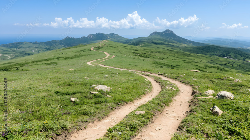 Fototapeta premium Winding mountain road, coastal view, summer day, scenic landscape, travel photography
