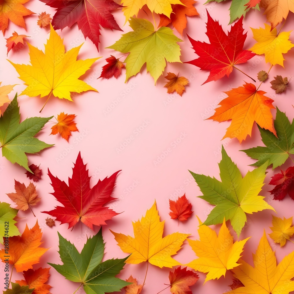 Autumn leaves, vibrant colors, maple leaves, yellow, red, green, orange foliage, pink background Autumn leaves, vibrant colors, maple leaves, yellow, red, green, orange foliage, pink background