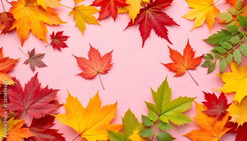 Autumn leaves, vibrant colors, maple leaves, yellow, red, green, orange foliage, pink background Autumn leaves, vibrant colors, maple leaves, yellow, red, green, orange foliage, pink background