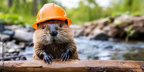 beaver wearing construction hat, building hoover dam in river