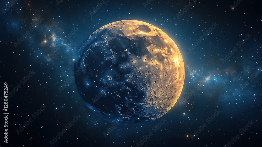 Creative representation of waxing gibbous moon with sparkling textures and stars Creative representation of waxing gibbous moon with sparkling textures and stars