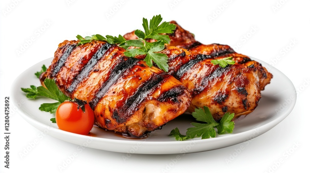 Studio shot of Thai grilled chicken (Gai Yang), isolated with soft lighting, creating a professional and versatile look--a flavorful and smoky dish with an isolate white background Studio shot of Thai grilled chicken (Gai Yang), isolated with soft lighting, creating a professional and versatile look--a flavorful and smoky dish with an isolate white background