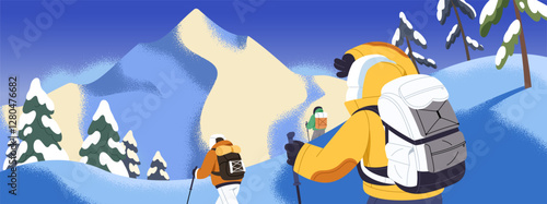 Group of alpinists is climbing snow mountain back view. Tourists hiking, mountaineering in winter. People with backpack, trekking poles travel on landscape of alpine top. Flat vector illustration