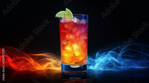 cocktail in a crystal-clear fluted glass with a vibrant gradient against a deep black background, exuding luxury and high-end mixology aesthetics Generative AI