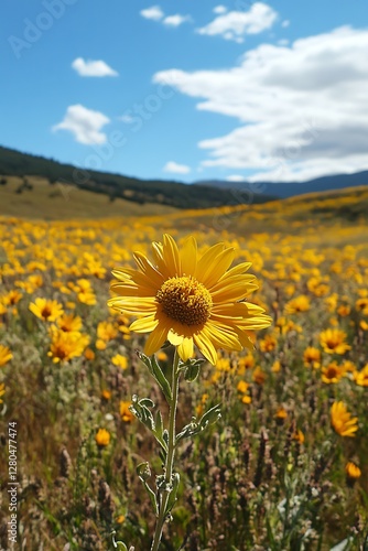 Yellow flowers field, sunny day photo