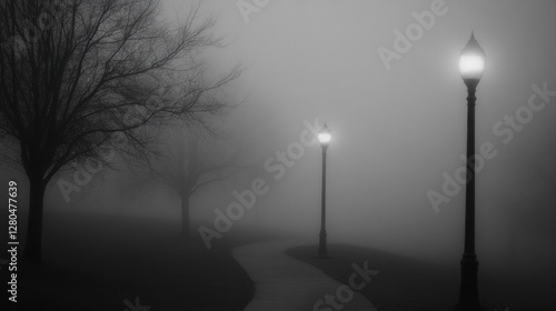 Eerie twilight promenade, A misty park scene with glowing lampposts photo