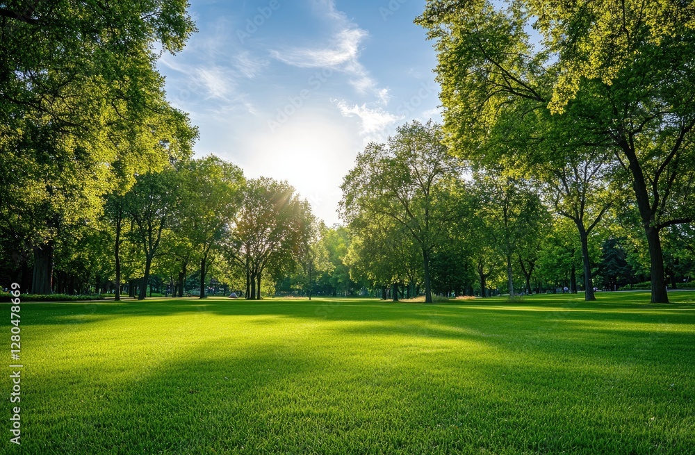 Sunny park landscape with lush green grass and trees Sunny park landscape with lush green grass and trees