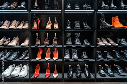 Wallpaper Mural A well-organized shoe shelf displaying elegant high heels, sneakers, and boots in a luxury retail store. Torontodigital.ca