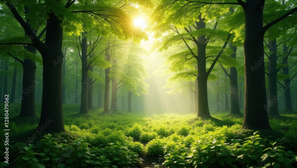 Fototapeta premium Sunlight Filtering Through a Lush Green Forest Canopy on a Bright Day