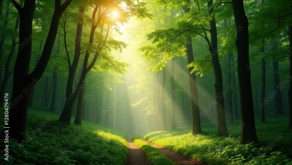 Obraz premium Sunlight streaming through a lush green forest with a path forward