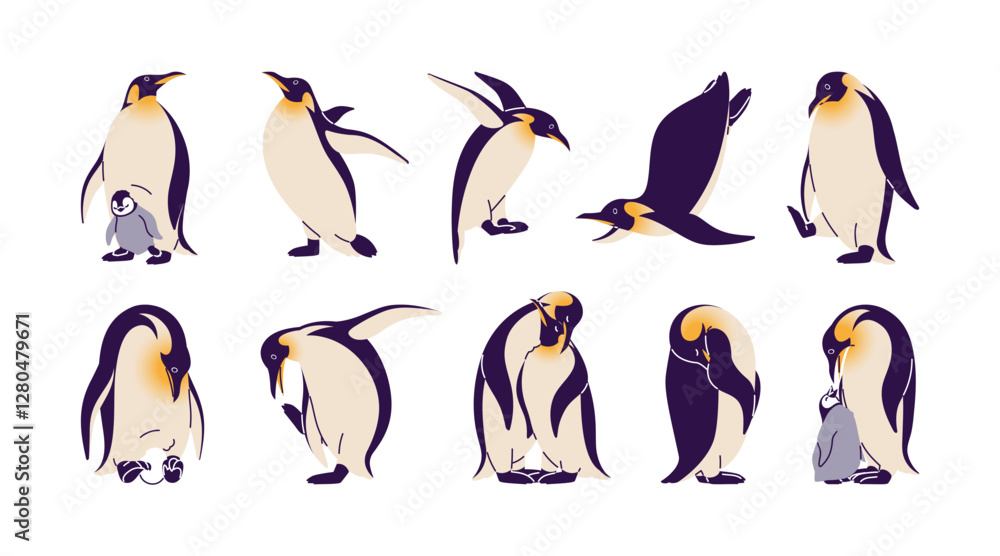 Obraz premium Set of King penguins having fun. Mother polar bird cares, hatches egg, feeds baby. Cute couple, family of north animals loves, cuddle together. Flat isolated vector illustrations on white background