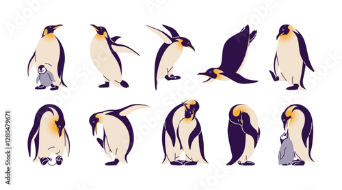 Set of King penguins having fun. Mother polar bird cares, hatches egg, feeds baby. Cute couple, family of north animals loves, cuddle together. Flat isolated vector illustrations on white background