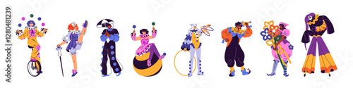 Set of funny clowns. Circus artists in carnival costumes are juggling, show performance with hoops, balls, balloons. Different comic jokers. Flat isolated vector illustrations on white background