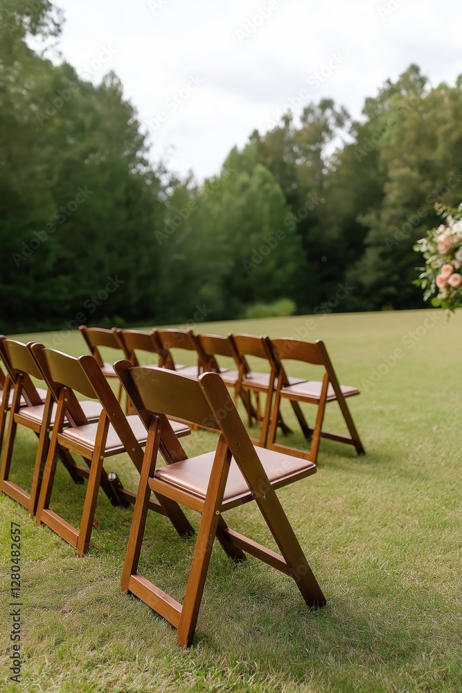 A row of wooden chairs are set up in a field. The chairs are arranged in a semi-circle, facing a large tree. The chairs are empty, and the field is lush and green A row of wooden chairs are set up in a field. The chairs are arranged in a semi-circle, facing a large tree. The chairs are empty, and the field is lush and green