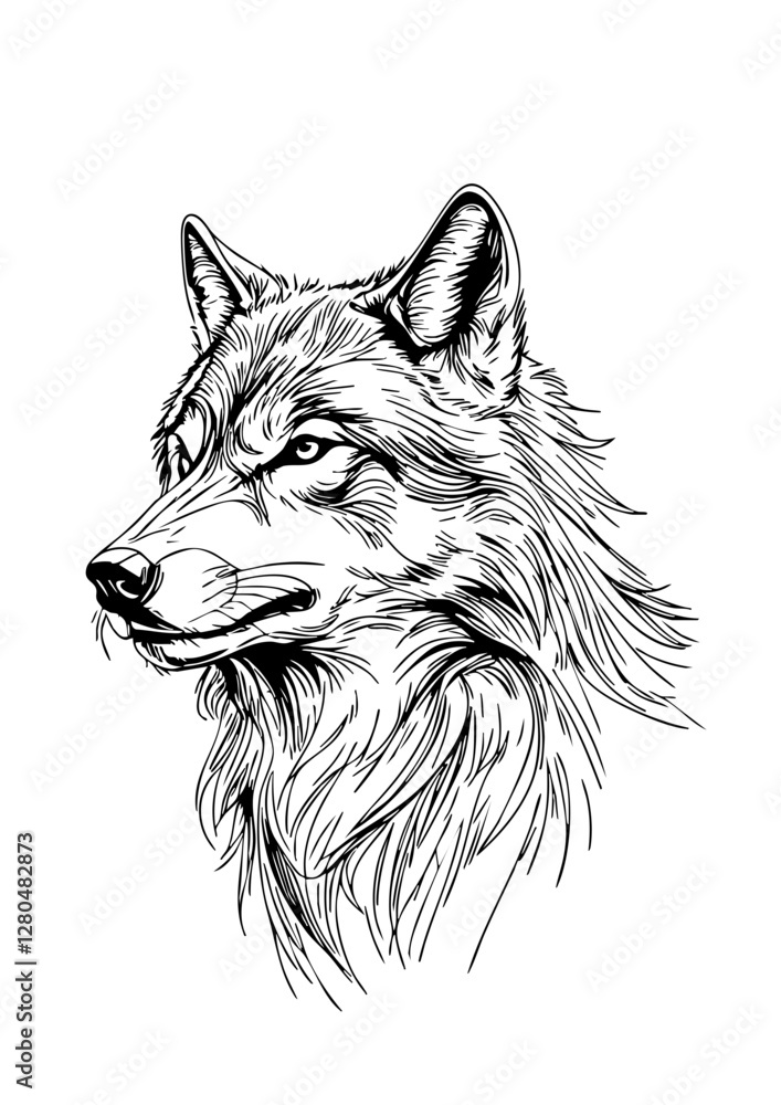 Fototapeta Realistic Black and White Wolf Illustration – Hand-Drawn Animal Art for Tattoos & Nature Lovers
