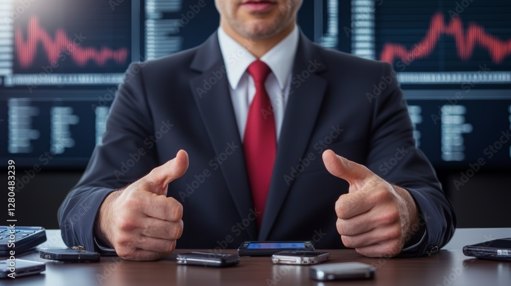 Fototapeta premium professional in suit gestures positively with multiple smartphones on desk, showcasing financial environment