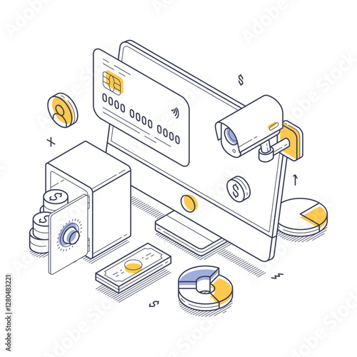 Line art isometric vector illustration of online banking, emphasizing security with a safe, monitor, and financial charts connected by digital elements