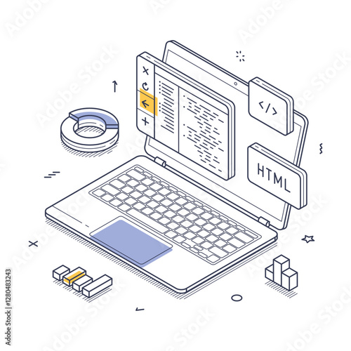 Laptop showcases HTML code while various design elements like charts and icons surround it, representing a digital workspace focused on coding and development. Isometric line art vector illustration