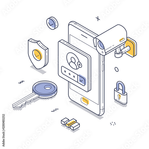 Visual representation of digital security featuring a smartphone, surveillance camera, security icons, and keys. Modern technology and safety measures. Isometric line art vector illustration