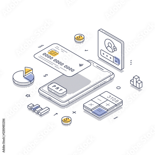 Various elements of electronic payment systems, including a mobile device, digital cards, and financial charts. Modern line art isometric vector illustration