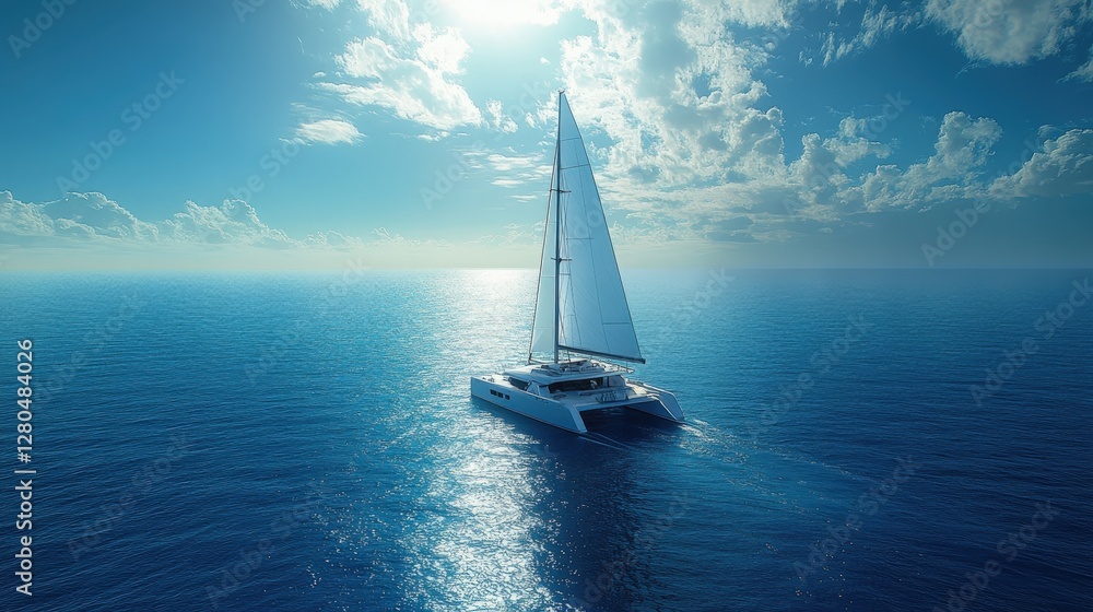 Obraz premium Luxurious modern catamaran sails smoothly over tranquil blue waters on a sunny day
