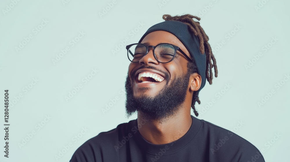 Obraz premium Young african male laughing with glasses and dreadlocks against light background