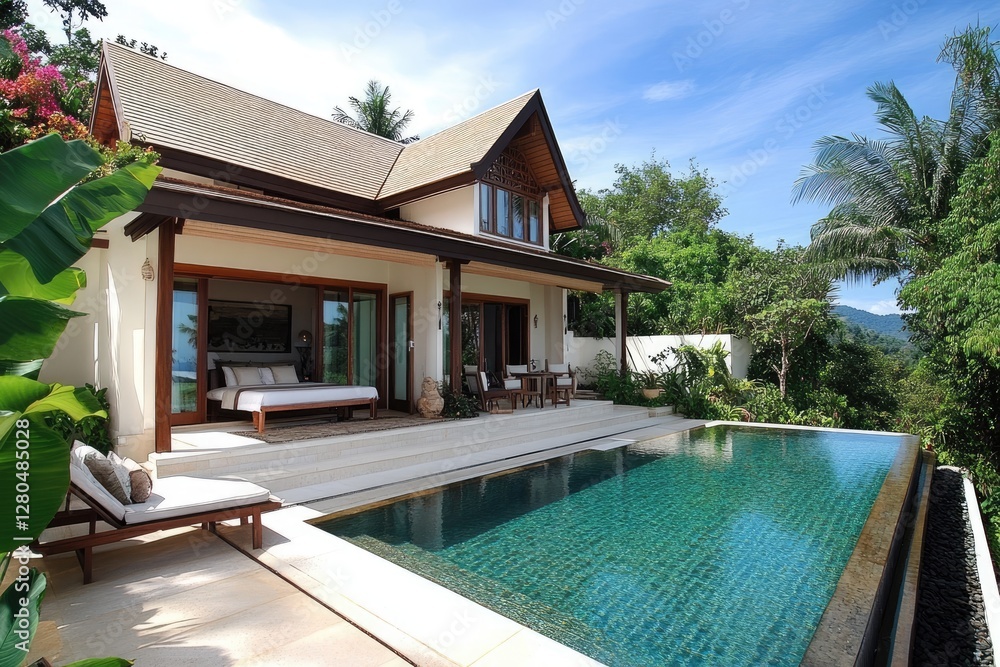 Fototapeta premium Tropical villa with pool overlooking lush landscape