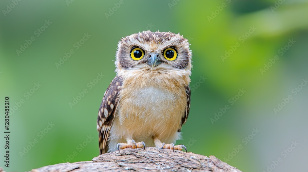 Fototapeta premium Adorable owlet perched on wood, green background, wildlife portrait, nature photography