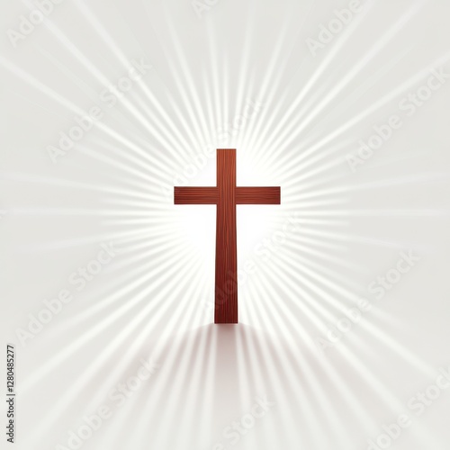 A radiant wooden cross stands against a light background, emanating beams of light, symbolizing faith and spirituality.