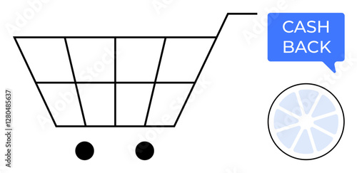 Shopping cart outline, blue speech bubble reading Cash Back, abstract pie chart. Ideal for ecommerce, shopping incentives, financial rewards, customer loyalty, online purchasing, savings and retail