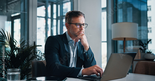 Carta da parati Business, thinking and man with laptop, online reading and internet with problem solving, choice and decision