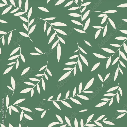 Seamless botanical leaves pattern, abstract nature ornament silhouettes. Simple floral surface design, branches on a green background. Vector illustration in two colors