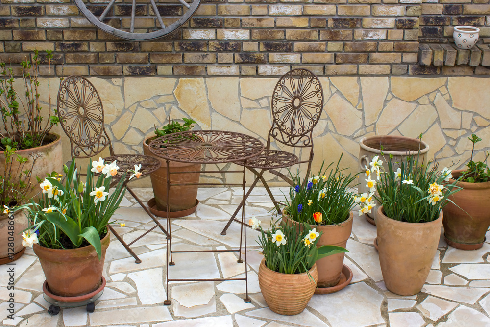 clay pots with spring flowers