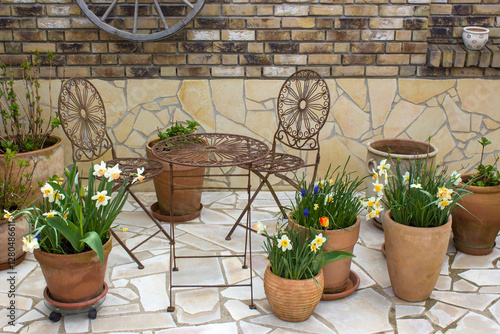 Obraz na płótnie clay pots with spring flowers w salonie