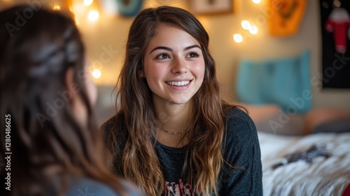 Young adult girls sitting on a bed, one leaning in as they chat in a cozy room, capturing candid expressions of friendship and comfort.