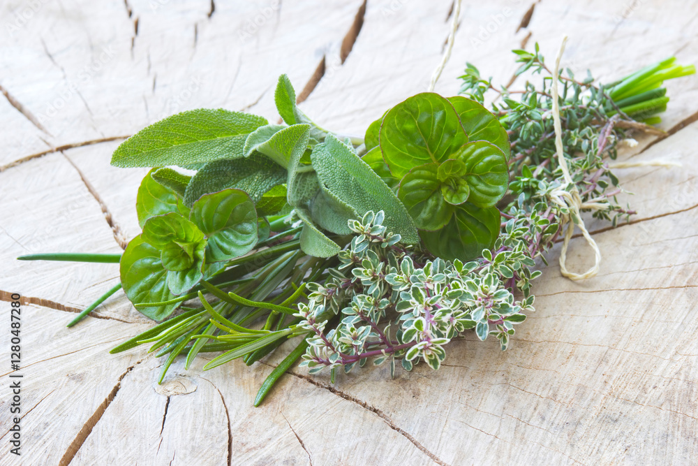 Freshly harvested herbs on wooden background
