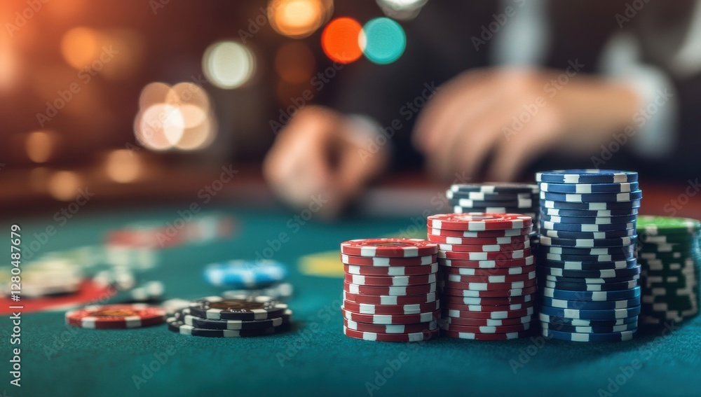 Chip stacks are organized on a casino table while a player prepares for a hand of poker at night Chip stacks are organized on a casino table while a player prepares for a hand of poker at night