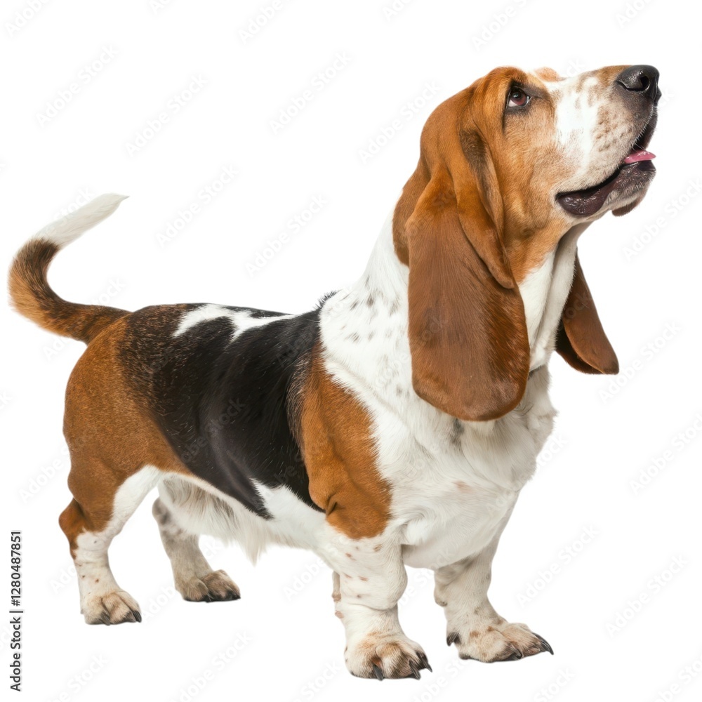 Basset Hound Dog standing up with mouth open expressing excitement and playfulness in a natural outdoor setting Basset Hound Dog standing up with mouth open expressing excitement and playfulness in a natural outdoor setting