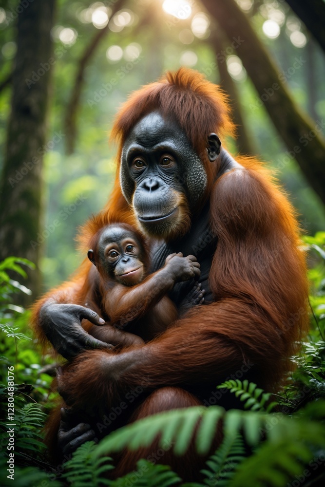 Fototapeta premium The orangutan is a large, intelligent ape native to the rainforests of Southeast Asia, particularly found in Borneo and Sumatra. Known for their reddish-brown fur and long, strong arms, orangutans are