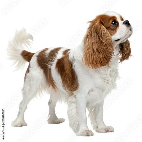 Cavalier King Charles Spaniel Small dog standing upright with head raised curious expression domestic pet in natural setting adorable canine