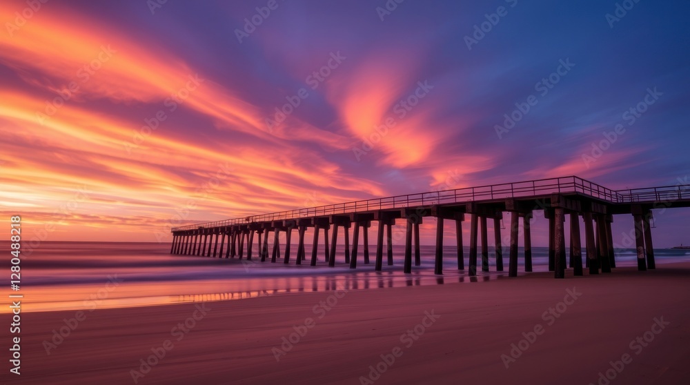 A vibrant sunset illuminates the sky with rich oranges and pinks, casting reflections on the calm ocean waves A vibrant sunset illuminates the sky with rich oranges and pinks, casting reflections on the calm ocean waves