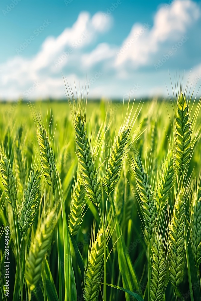Lush Green Wheat Field Under Sunny Sky Lush Green Wheat Field Under Sunny Sky